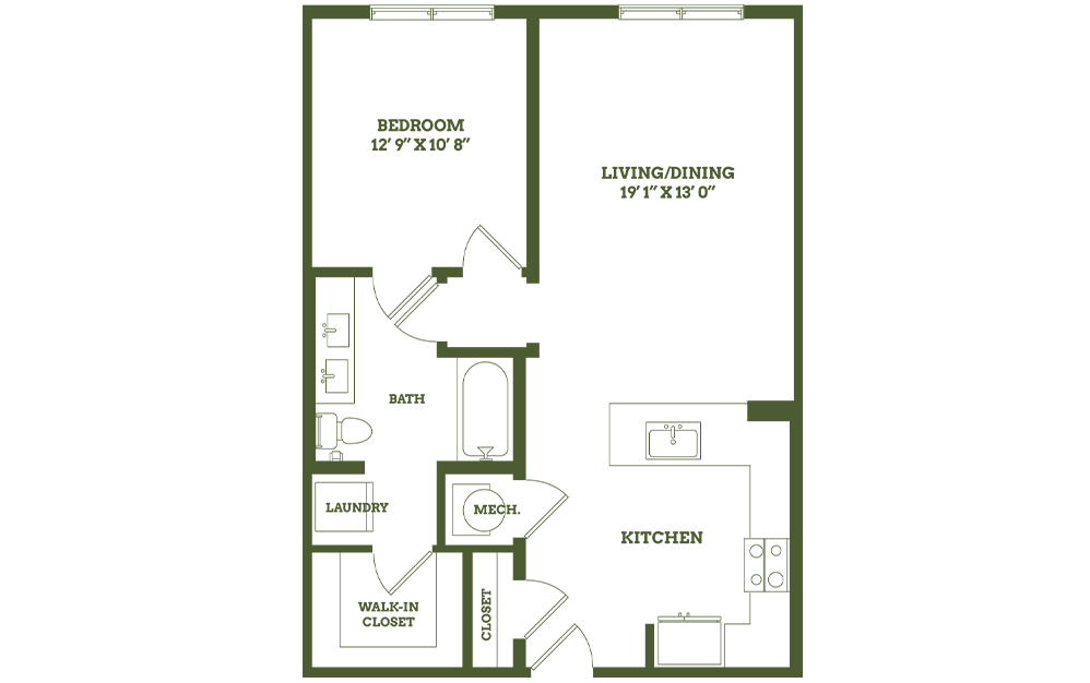 A2 - 1 bedroom floorplan layout with 1 bathroom and 756 - 804 square feet (2D)