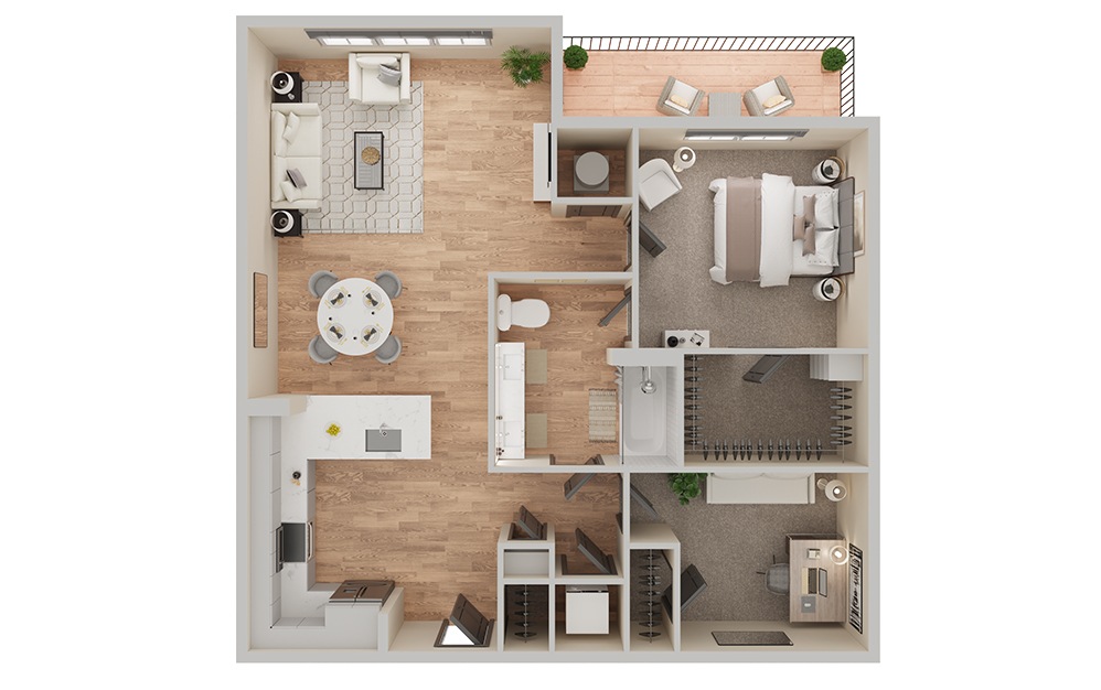 A7D - 1 bedroom floorplan layout with 1 bathroom and 927 square feet (3D)