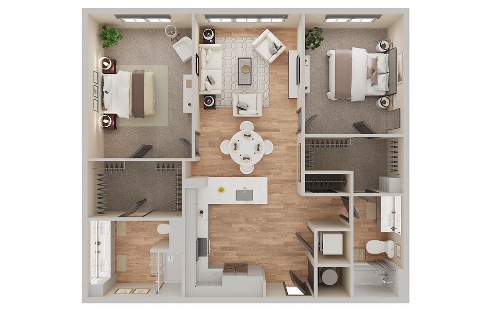 B1A - 2 bedroom floorplan layout with 2 bathrooms and 1123 - 1193 square feet (3D) B1A - 2 bedroom floorplan layout with 2 bathrooms and 1123 - 1193 square feet (3D)