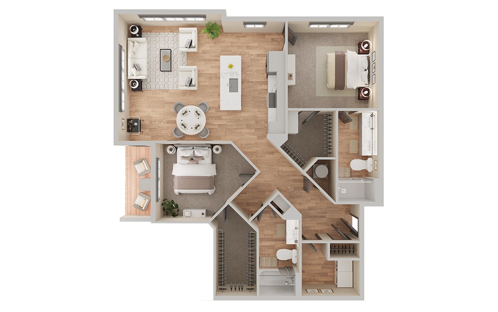B2 - 2 bedroom floorplan layout with 2 bathrooms and 1192 square feet (3D) B2 - 2 bedroom floorplan layout with 2 bathrooms and 1192 square feet (3D)