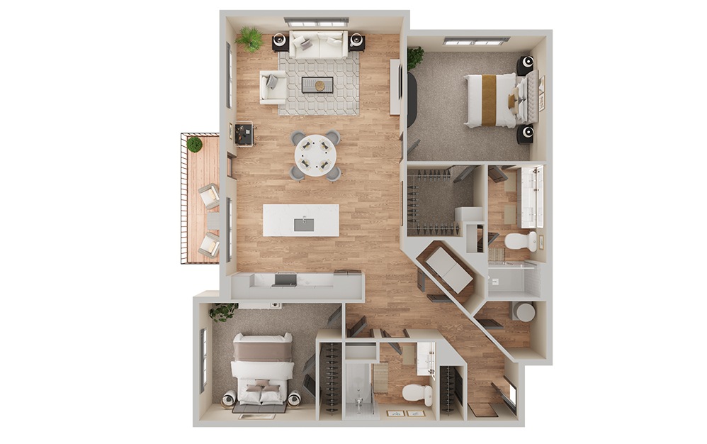 B3 - 2 bedroom floorplan layout with 2 bathrooms and 1266 - 1303 square feet (3D) B3 - 2 bedroom floorplan layout with 2 bathrooms and 1266 - 1303 square feet (3D)
