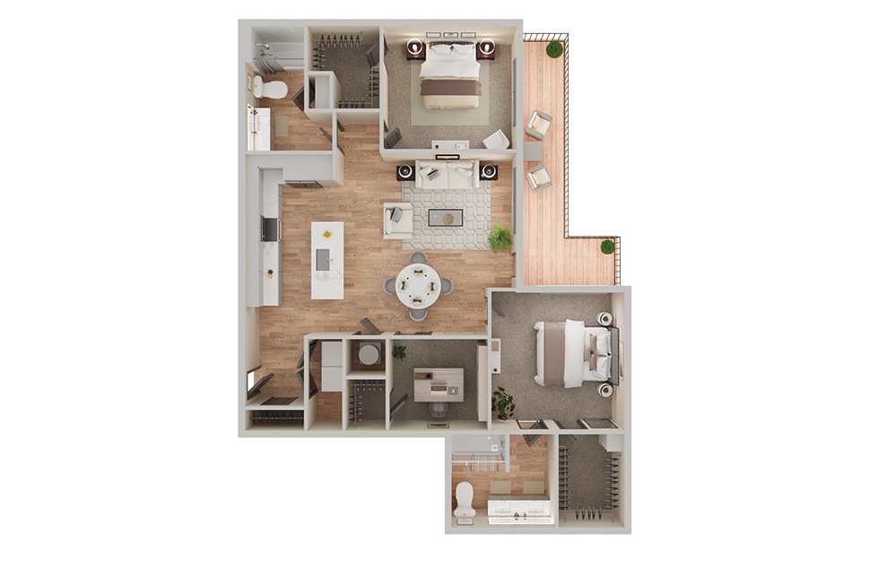 B5D - 2 bedroom floorplan layout with 2 bathrooms and 1289 square feet (3D) B5D - 2 bedroom floorplan layout with 2 bathrooms and 1289 square feet (3D)