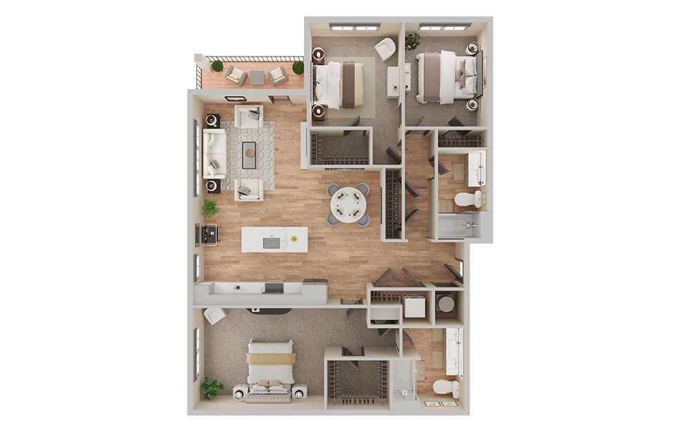 C1 - 3 bedroom floorplan layout with 2 bathrooms and 1461 - 1482 square feet (3D) C1 - 3 bedroom floorplan layout with 2 bathrooms and 1461 - 1482 square feet (3D)