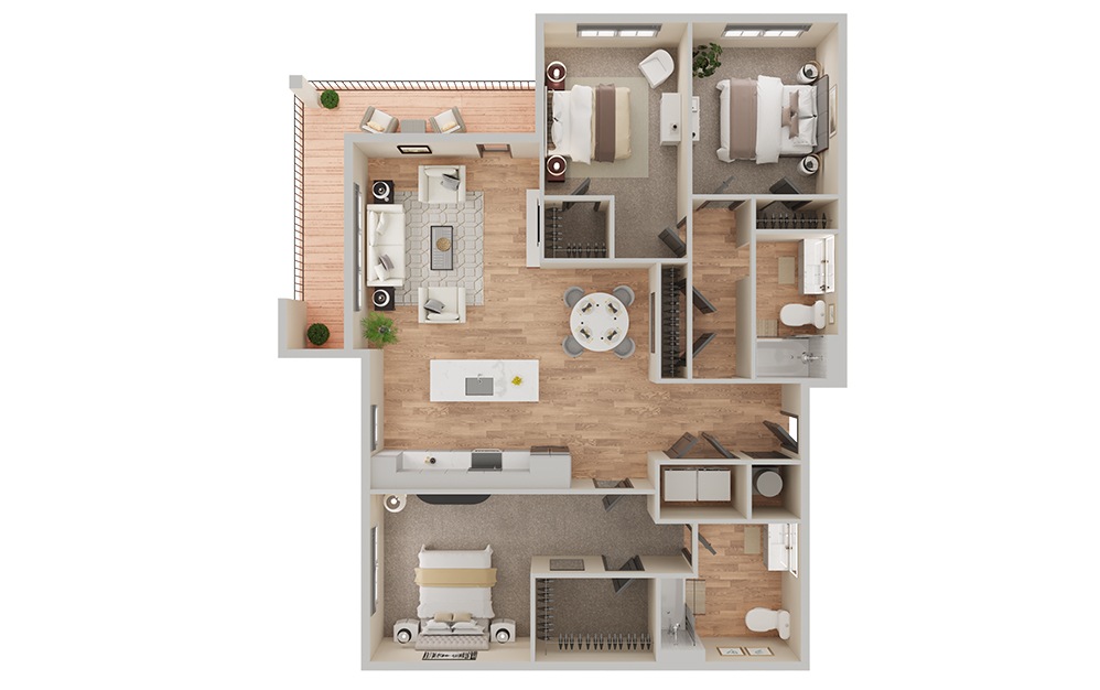 C1A - 3 bedroom floorplan layout with 2 bathrooms and 1461 square feet (3D) C1A - 3 bedroom floorplan layout with 2 bathrooms and 1461 square feet (3D)