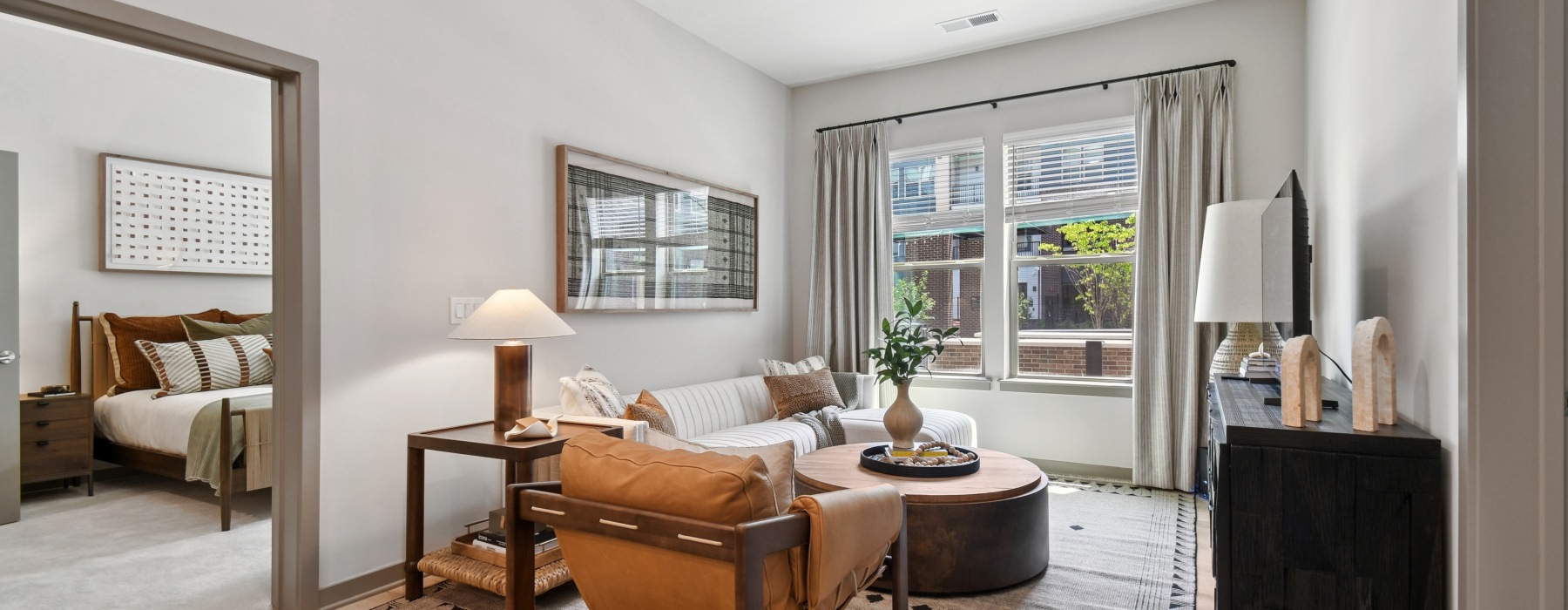 a living room with a large window